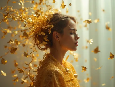 Portrait Of A Woman Surrounded By Golden Hummingbirds