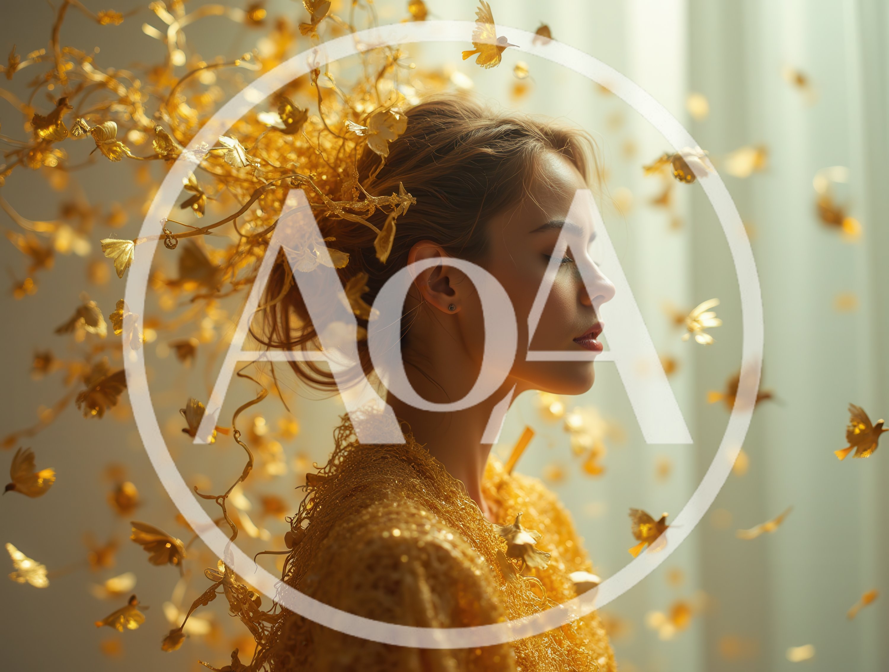 Portrait Of A Woman Surrounded By Golden Hummingbirds