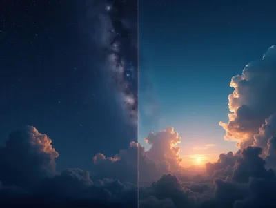 Split Screen View Of Night Sky And Sunrise
