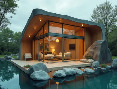 Modern Architectural Cabin Overlooking A Serene Pond