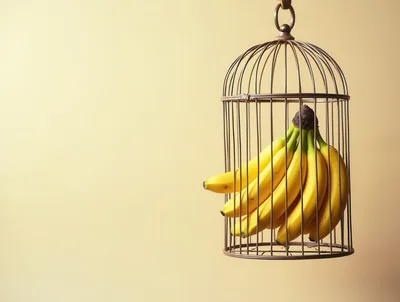 Bunch Of Fresh Yellow Bananas Inside A Birdcage