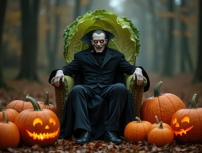 Vampire Sitting On A Cabbage Throne In Forest