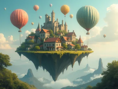 Fantasy Floating Island With Medieval Castle And Hot Air Balloons