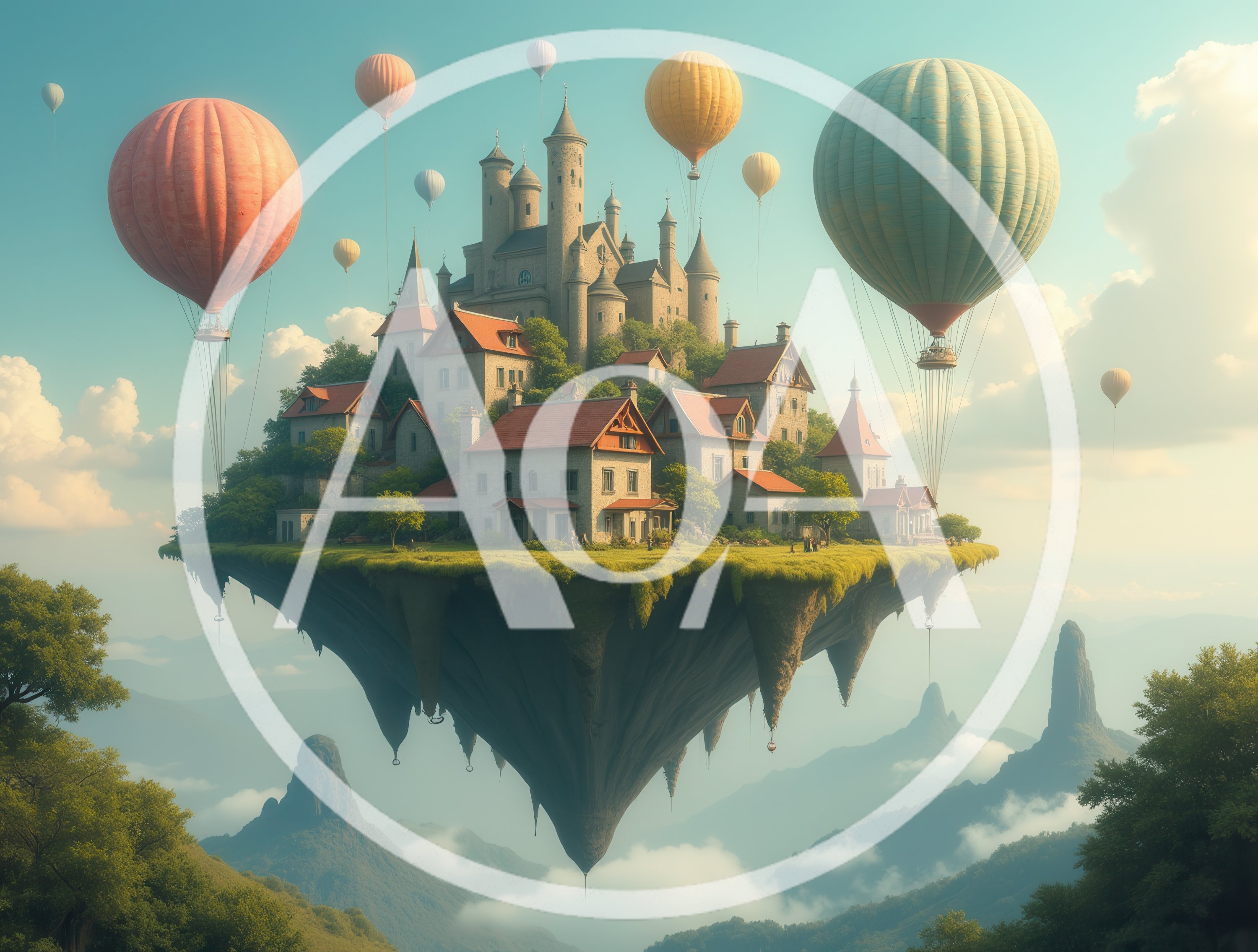 Fantasy Floating Island With Medieval Castle And Hot Air Balloons