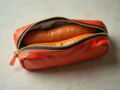 Orange Leather Pouch Filled With Sausages