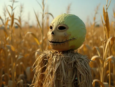 Creepy Scarecrow With Pumpkin Head In Cornfield