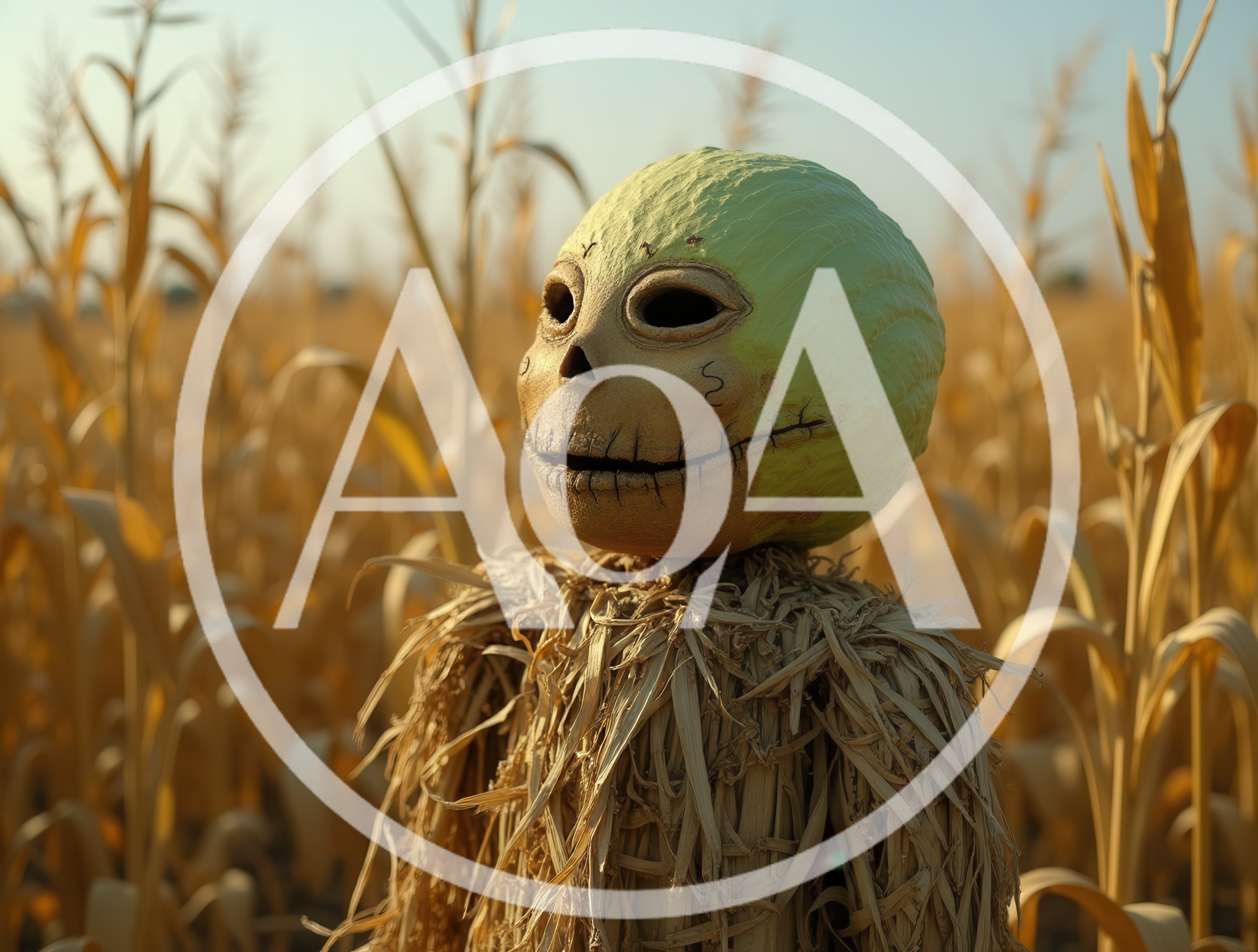 Creepy Scarecrow With Pumpkin Head In Cornfield