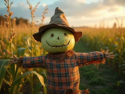 Scarecrow With Cabbage Head In A Cornfield