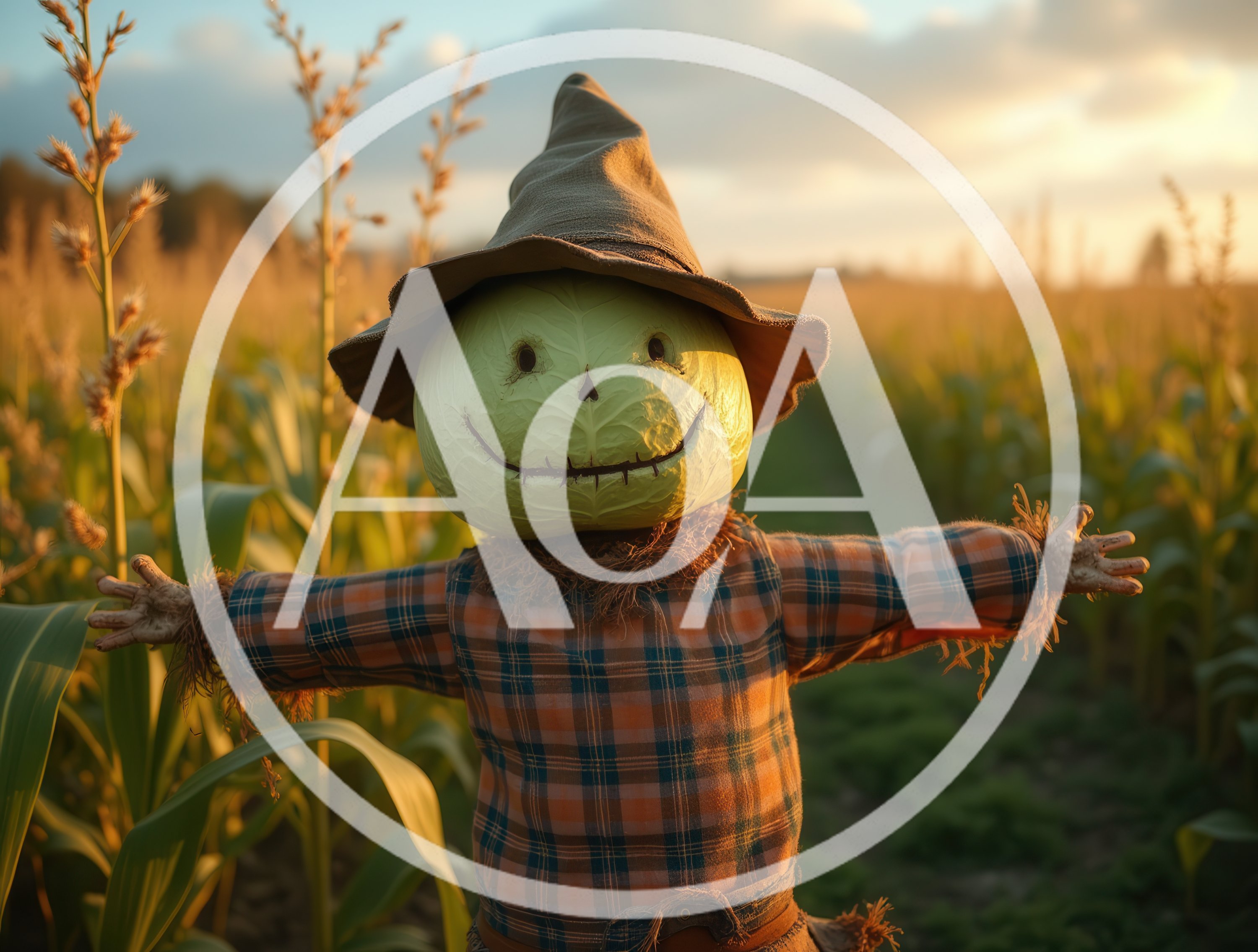 Scarecrow With Cabbage Head In A Cornfield