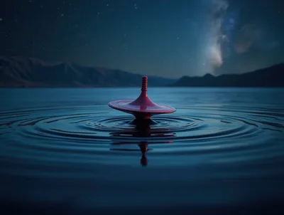Red Spinning Top Floating On Calm Night Water