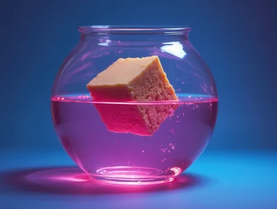 Pink Cube Floating In A Glass Fishbowl