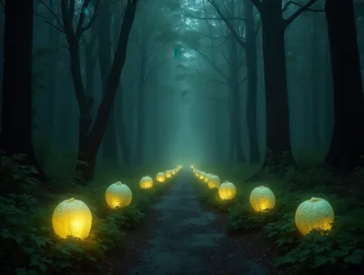 Glowing Cabbage Lanterns Lining A Dark Misty Forest Path
