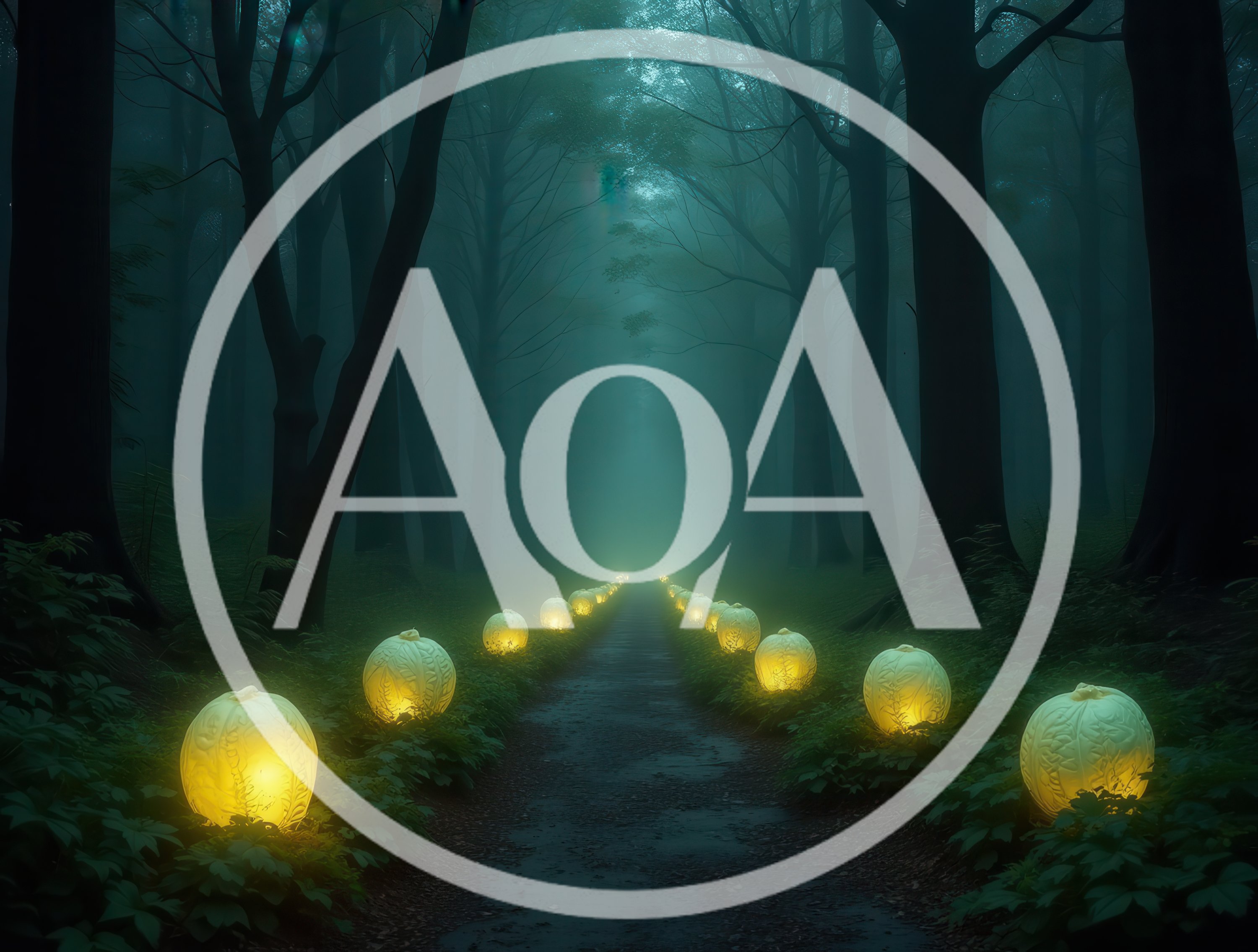 Glowing Cabbage Lanterns Lining A Dark Misty Forest Path