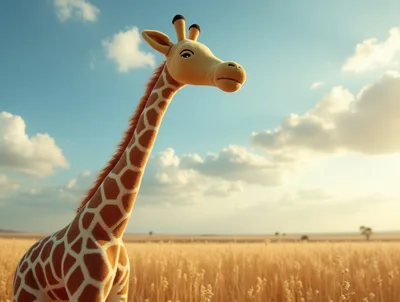 Plush Giraffe Toy Standing In A Golden Wheat Field
