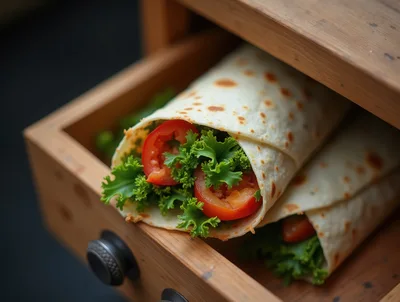 Fresh Vegetable Wraps Inside A Wooden Drawer