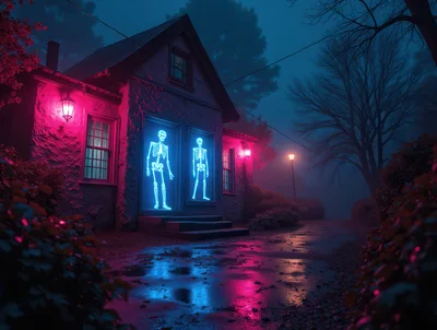 Neon Skeleton Decorations On A Spooky Suburban House