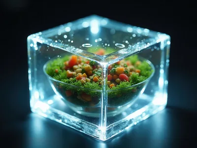 Fresh Salad Bowl Encased Inside A Glowing Ice Cube