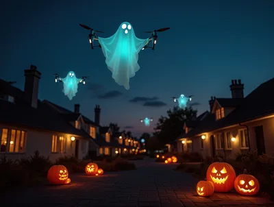 Halloween Drones Dressed As Ghosts Flying Over Neighborhood