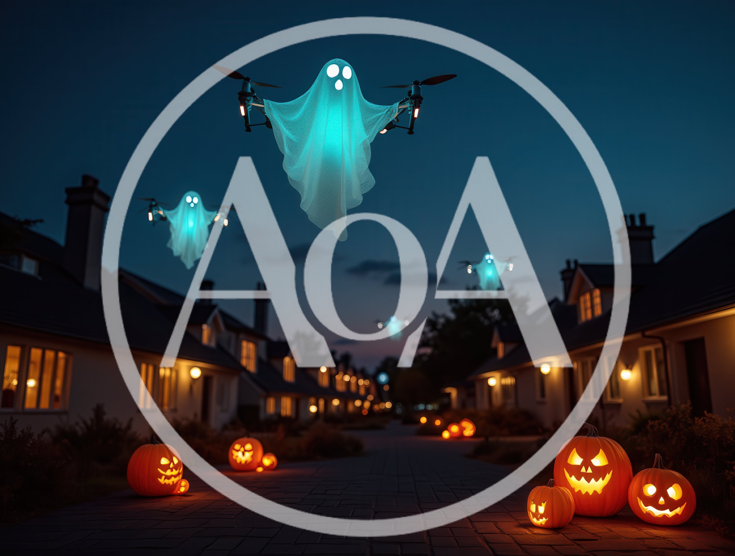 Halloween Drones Dressed As Ghosts Flying Over Neighborhood
