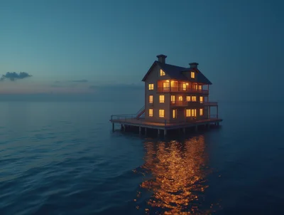 Illuminated House Standing On Stilts Over Calm Ocean