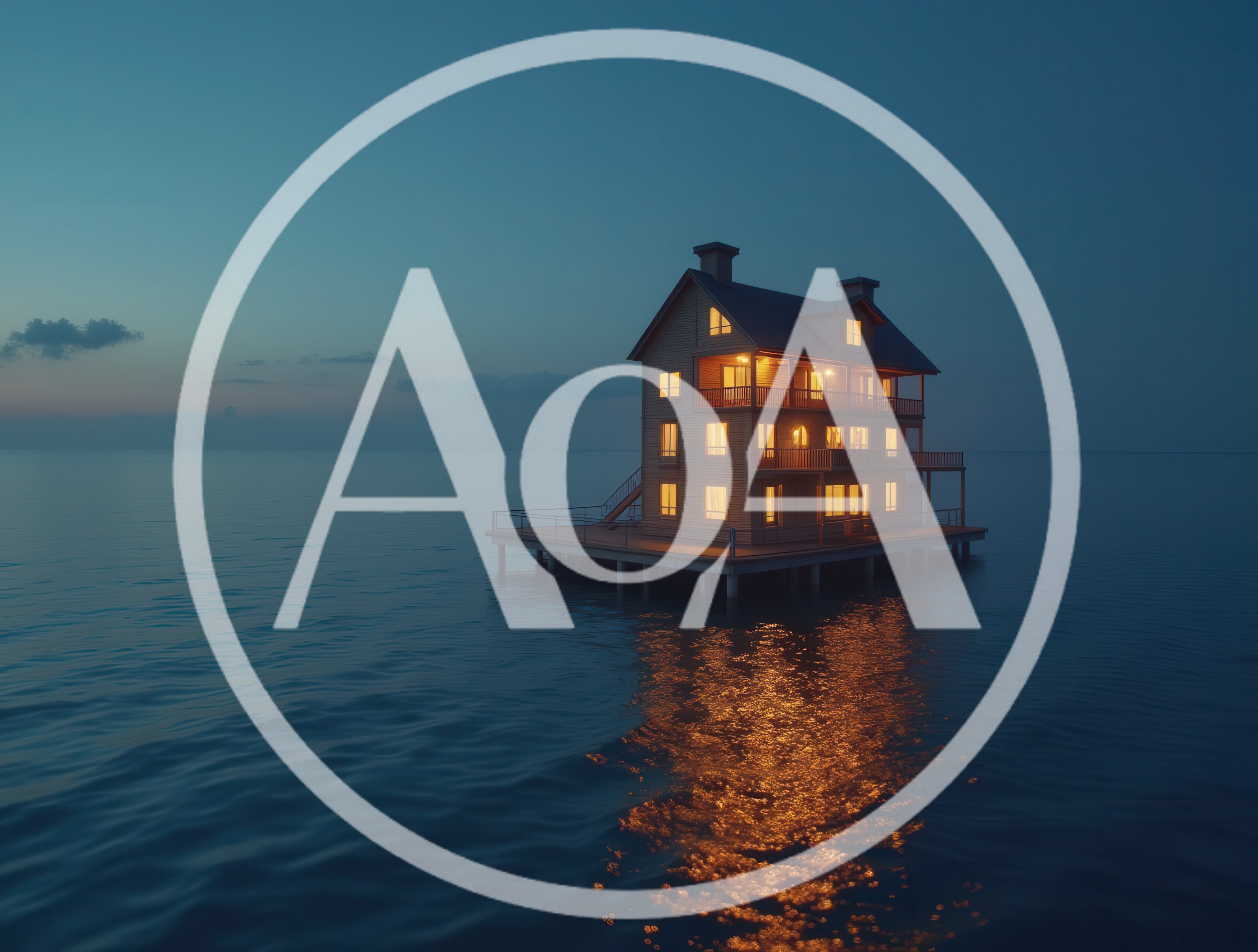 Illuminated House Standing On Stilts Over Calm Ocean