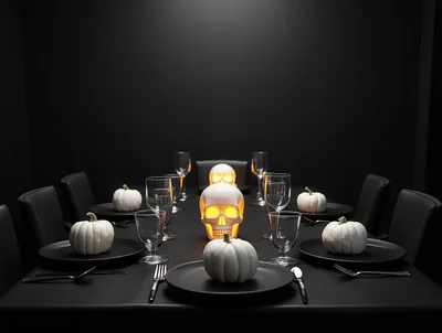 Halloween Dinner Table Setting With Glowing Skulls