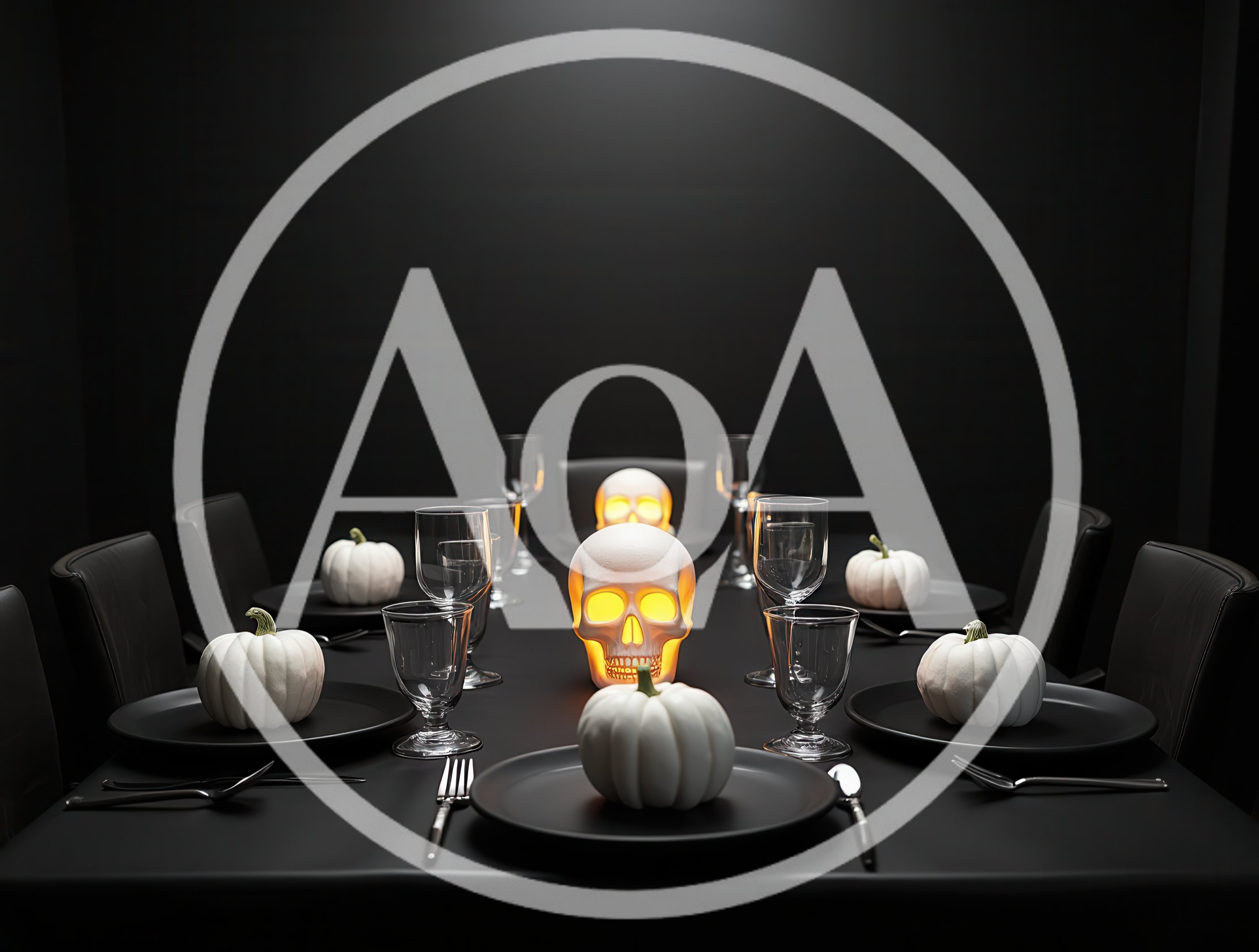Halloween Dinner Table Setting With Glowing Skulls