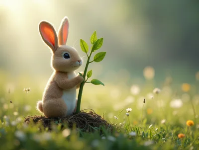 Cute Bunny Holding A Small Green Plant