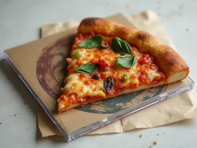 Single Slice Of Margherita Pizza On A CD Case