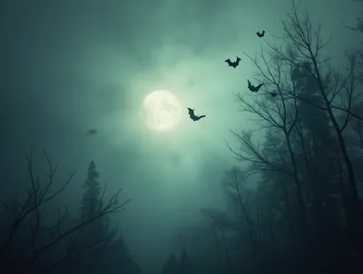 Full Moon Over A Dark Misty Forest With Bats