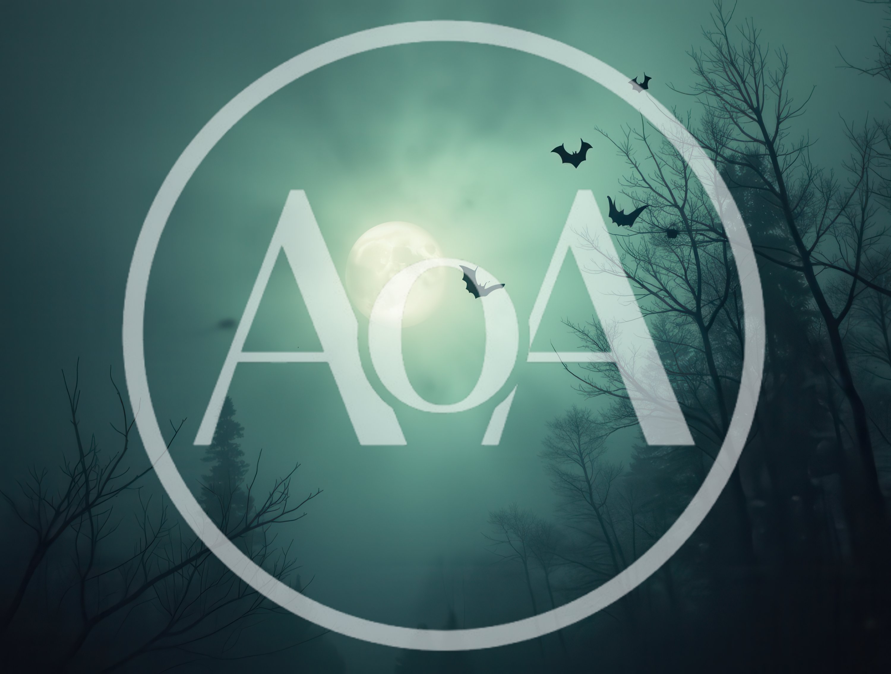 Full Moon Over A Dark Misty Forest With Bats