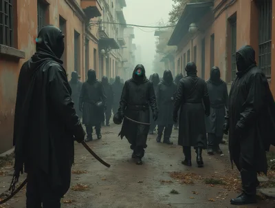 Group Of Mysterious Figures In Black Cloaks Walking