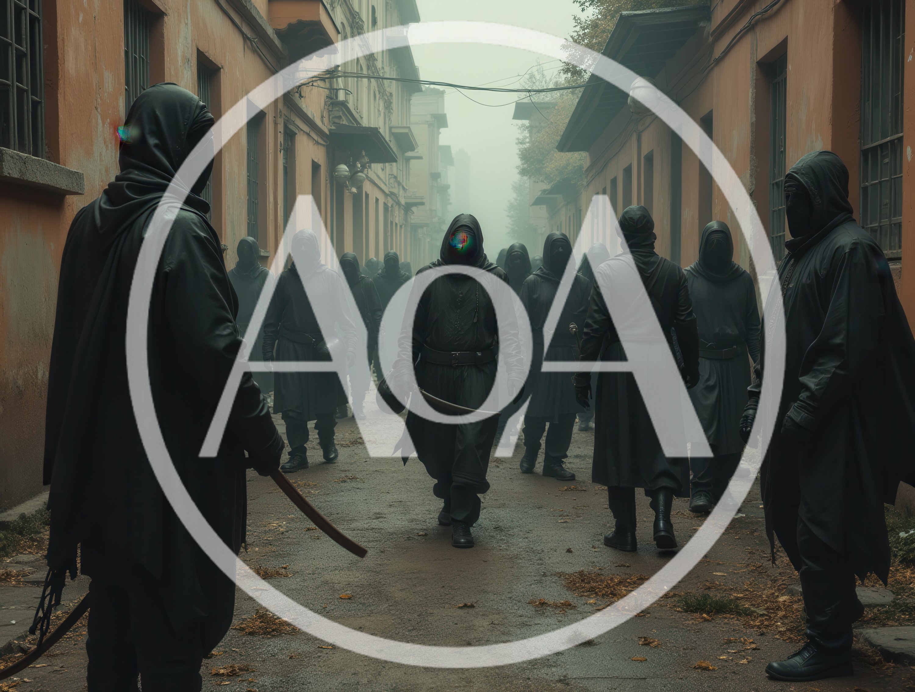 Group Of Mysterious Figures In Black Cloaks Walking