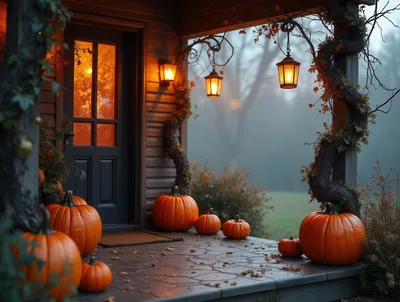 Cozy Porch Decorated With Pumpkins For Halloween