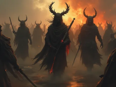 Army Of Dark Horned Figures In Fiery Wasteland