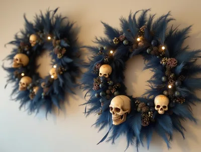 Two Gothic Halloween Wreaths With Skulls And Feathers