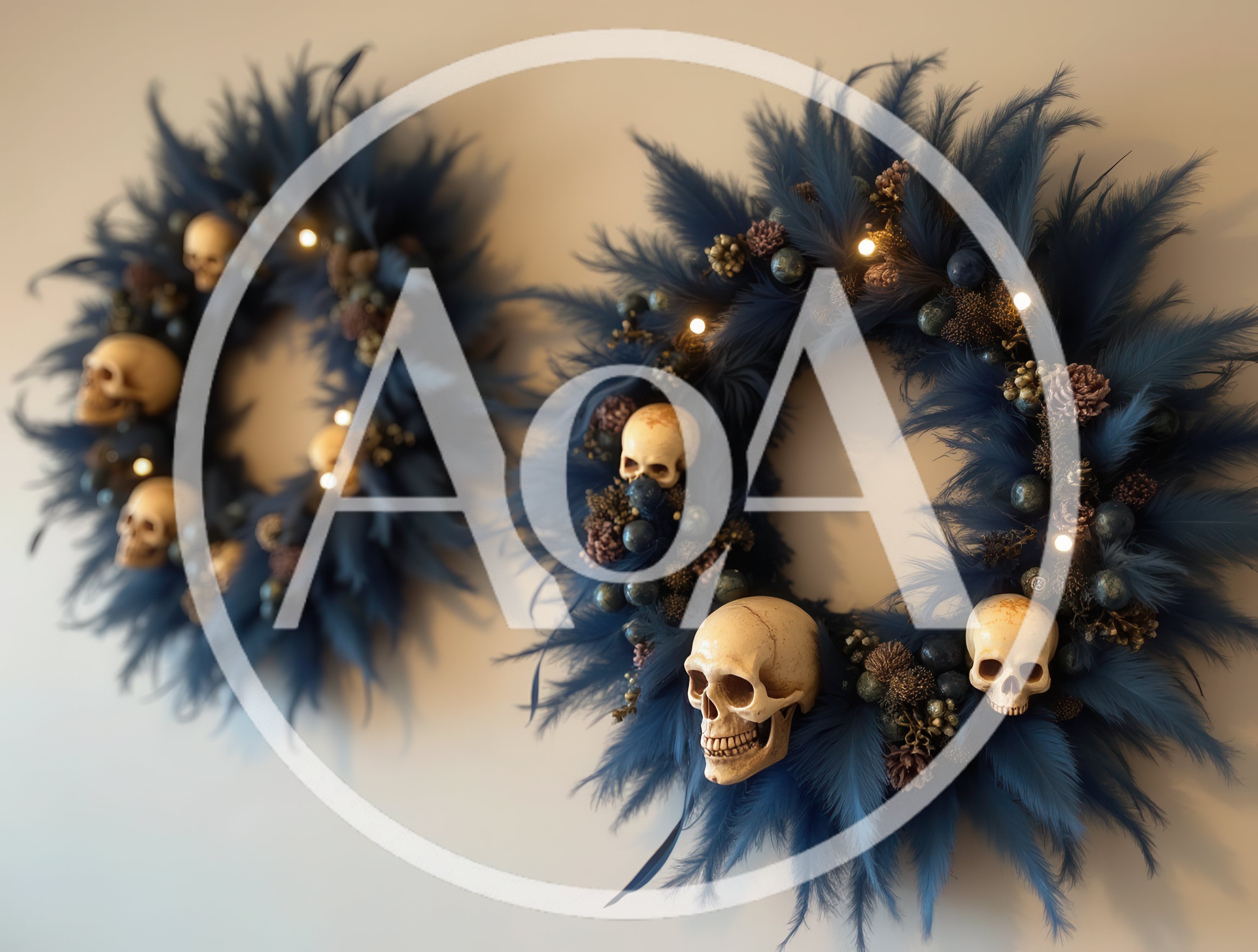 Two Gothic Halloween Wreaths With Skulls And Feathers