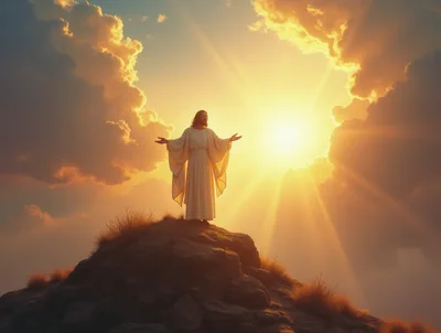Jesus Christ Standing With Open Arms On A Hilltop