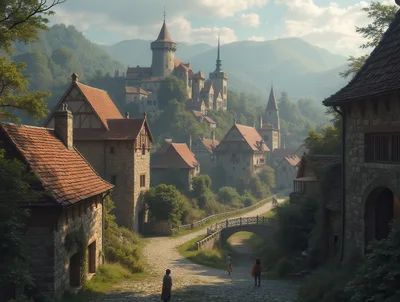 Medieval Village With Stone Castle And Cobblestone Path