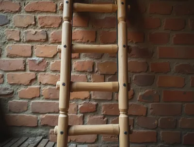 Wooden Ladder Against A Rustic Red Brick Wall