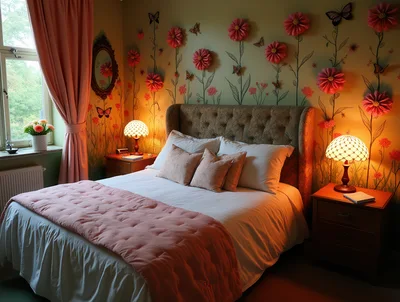 Cozy Bedroom With Floral Wall Decor And Warm Lighting