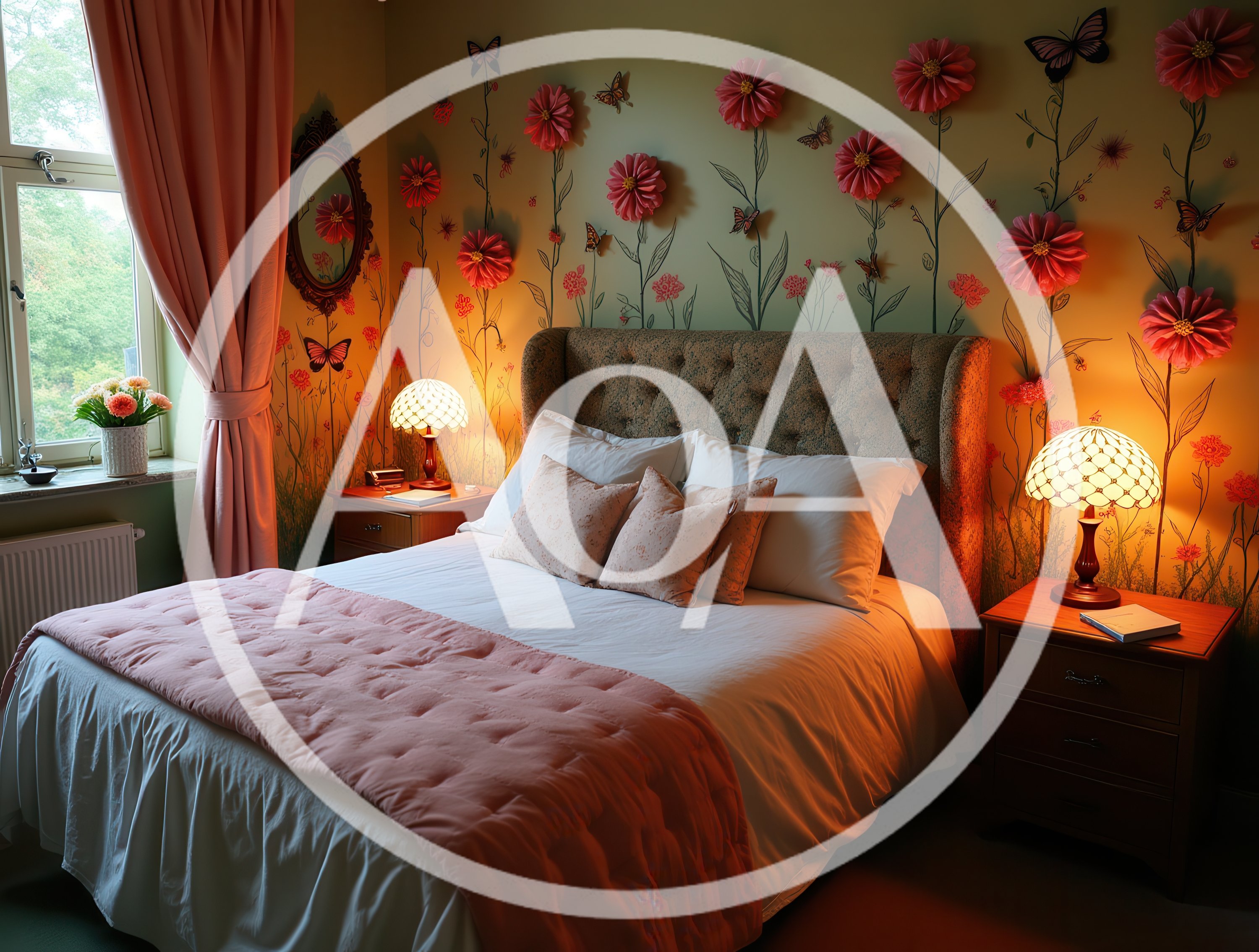 Cozy Bedroom With Floral Wall Decor And Warm Lighting