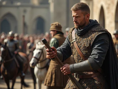 Medieval Warrior Holding Sword In Military Camp