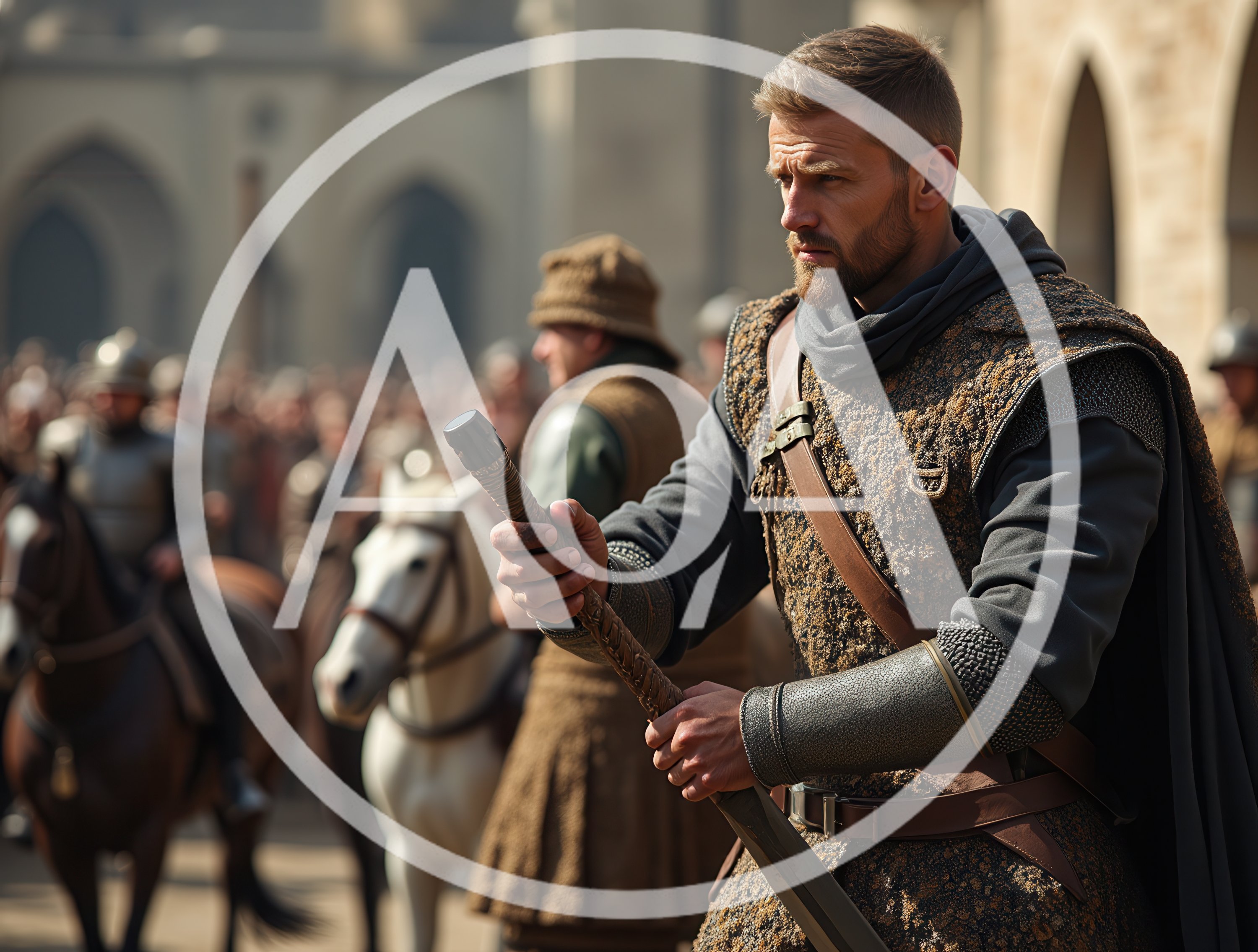 Medieval Warrior Holding Sword In Military Camp