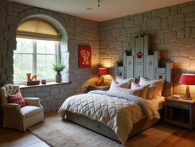 Cozy Bedroom Interior With Stone Walls And Castle Theme