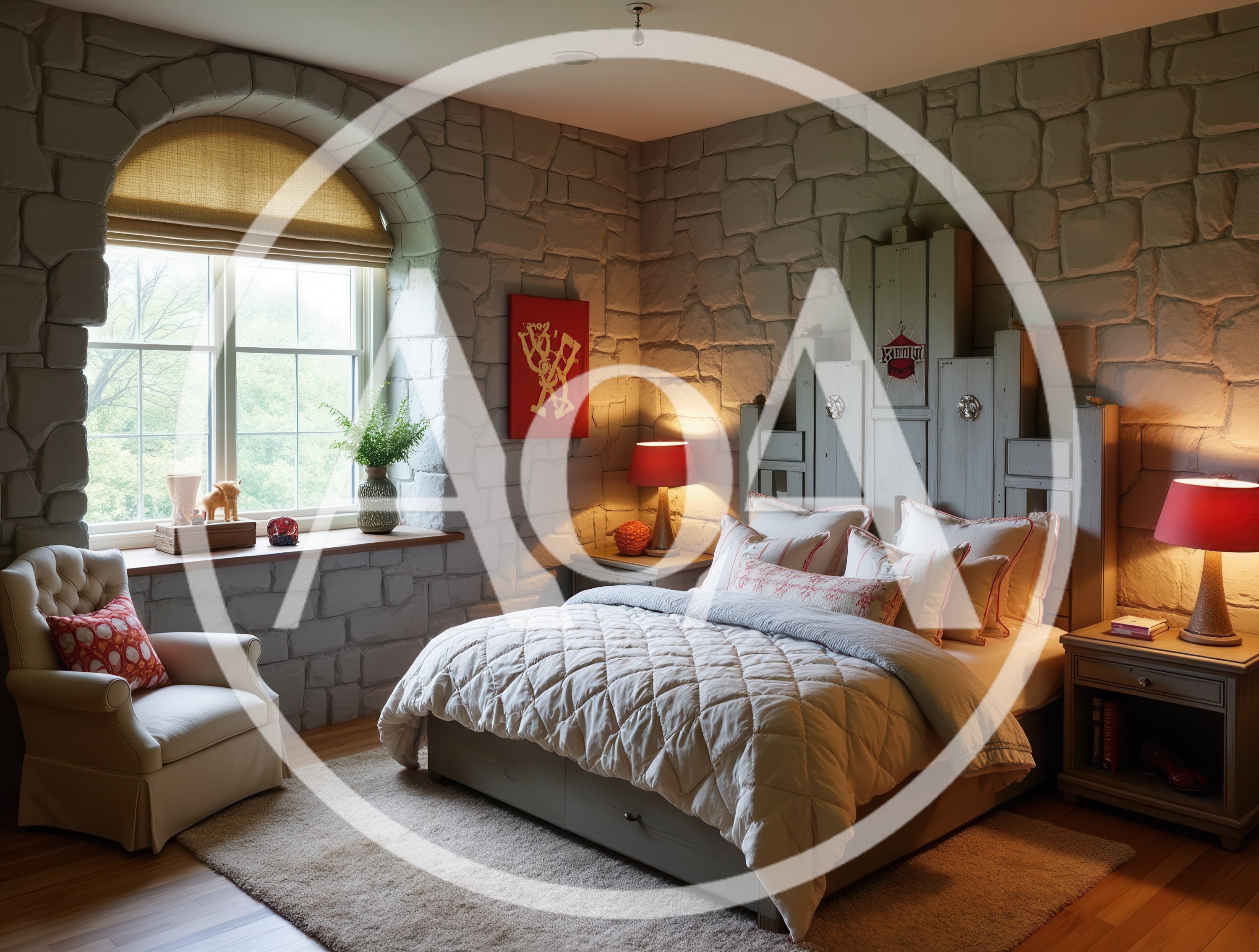 Cozy Bedroom Interior With Stone Walls And Castle Theme