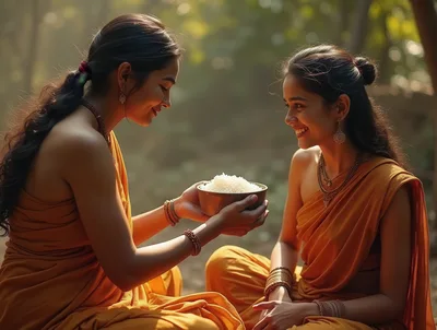 Two Women Sharing A Bowl Of Rice