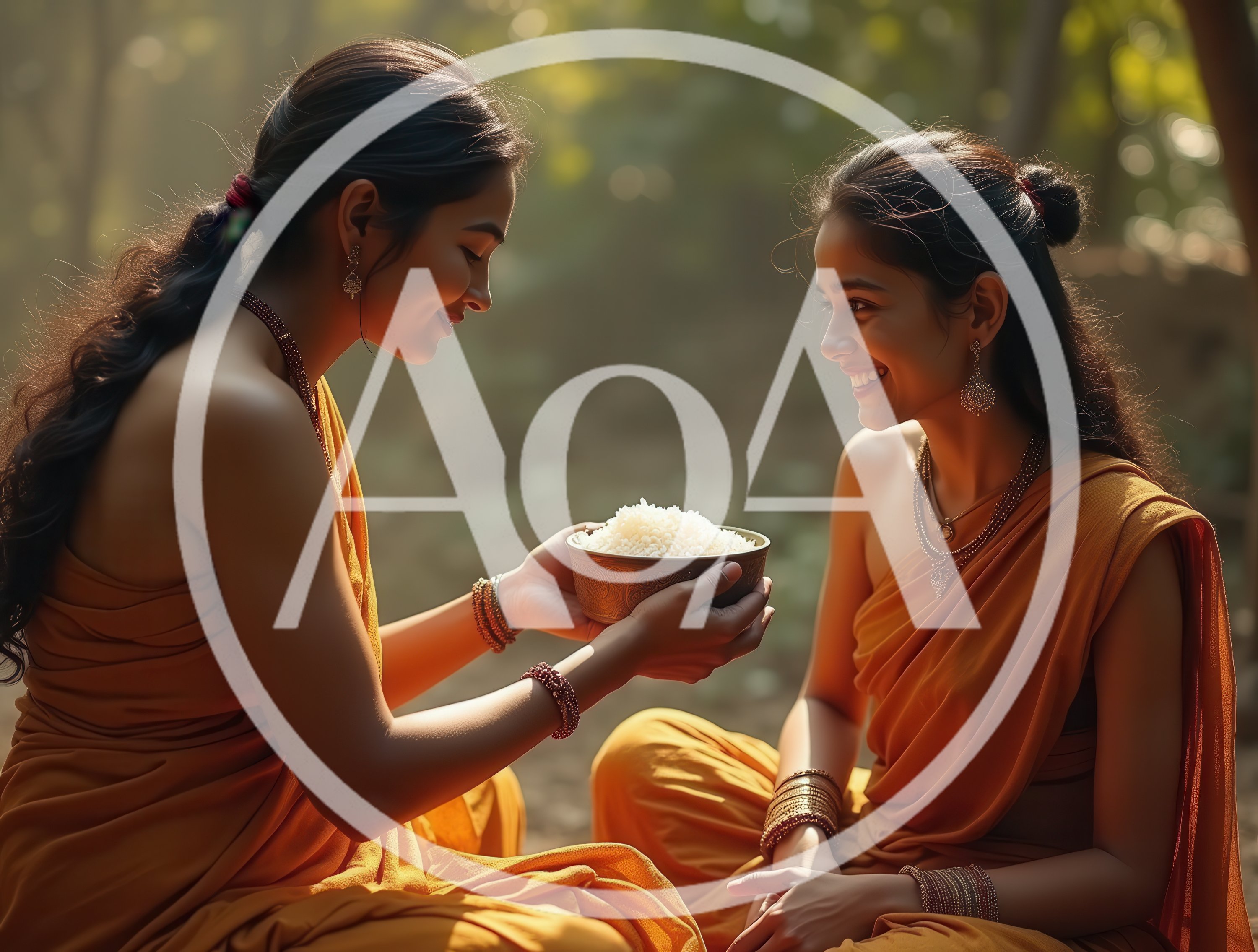Two Women Sharing A Bowl Of Rice