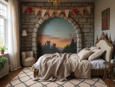 Cozy Bedroom With Medieval Castle Wall Mural