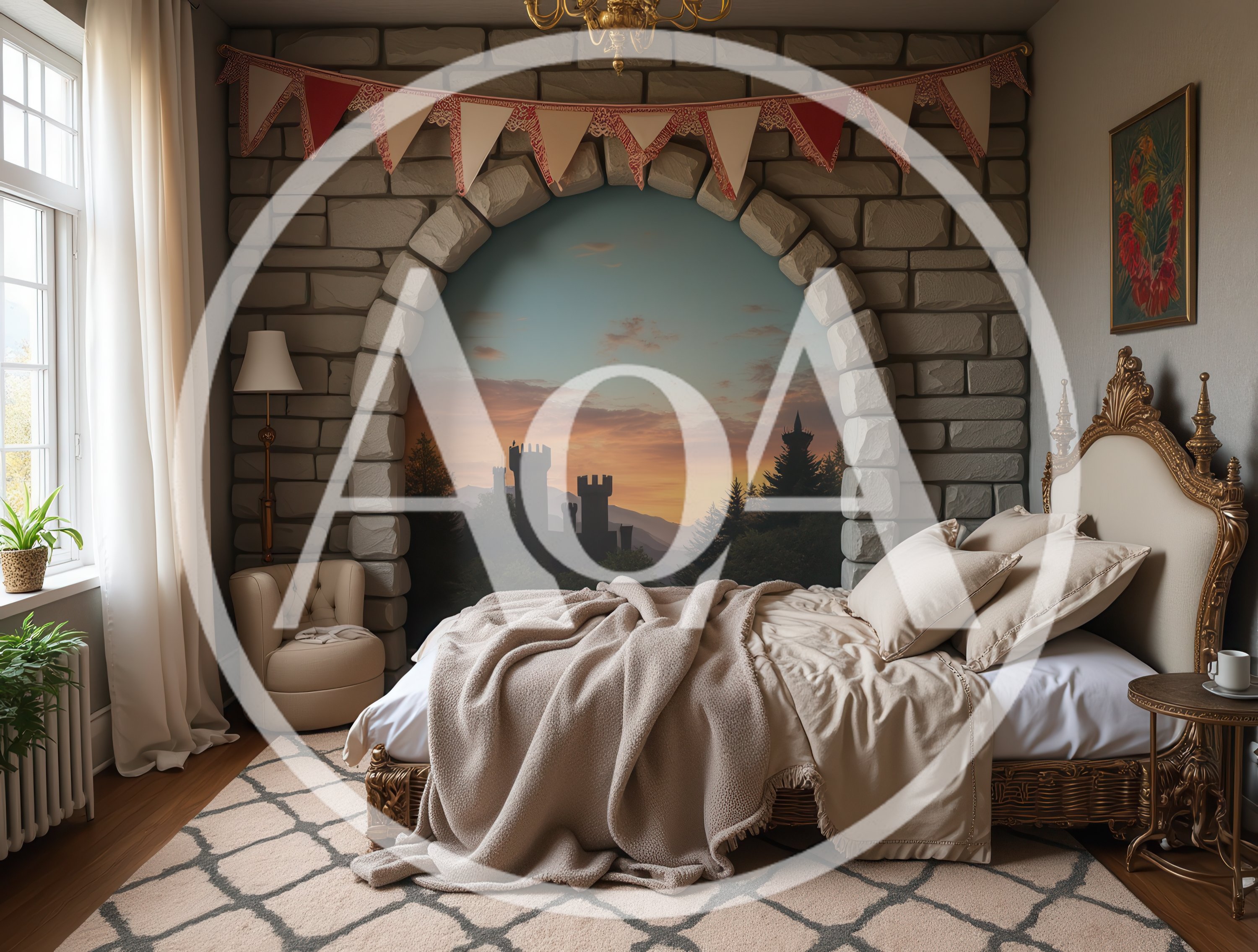 Cozy Bedroom With Medieval Castle Wall Mural